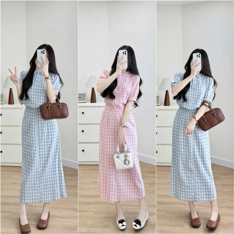 HT06. Sét váy kẻ 2 màu chân váy dài. Chất thô kẻ mềm, hàng đẹp mặc mát