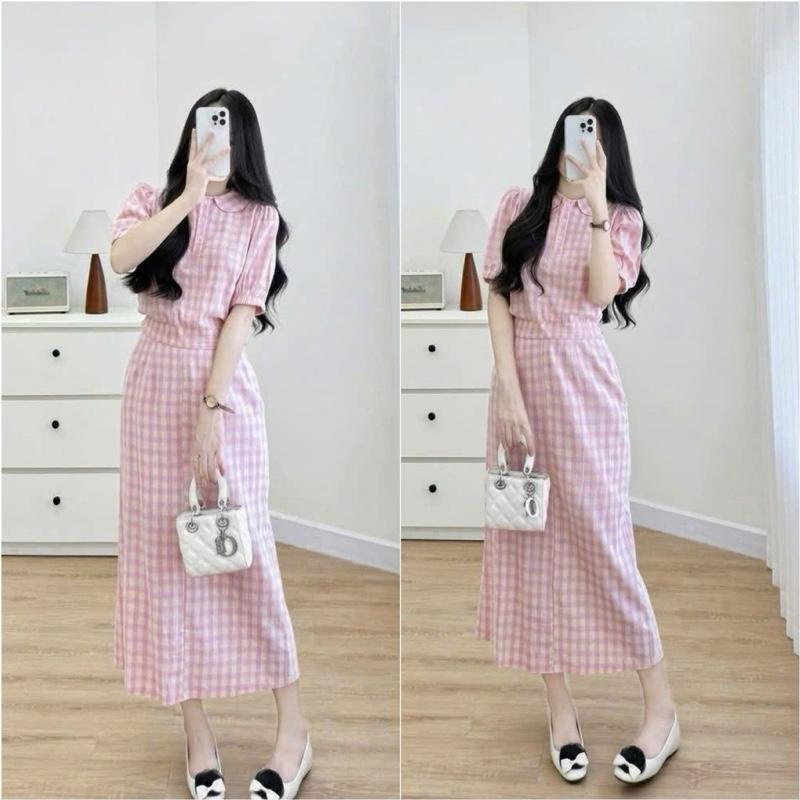HT06. Sét váy kẻ 2 màu chân váy dài. Chất thô kẻ mềm, hàng đẹp mặc mát