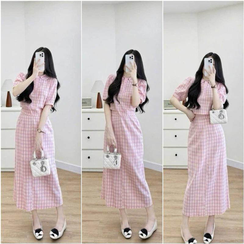 HT06. Sét váy kẻ 2 màu chân váy dài. Chất thô kẻ mềm, hàng đẹp mặc mát