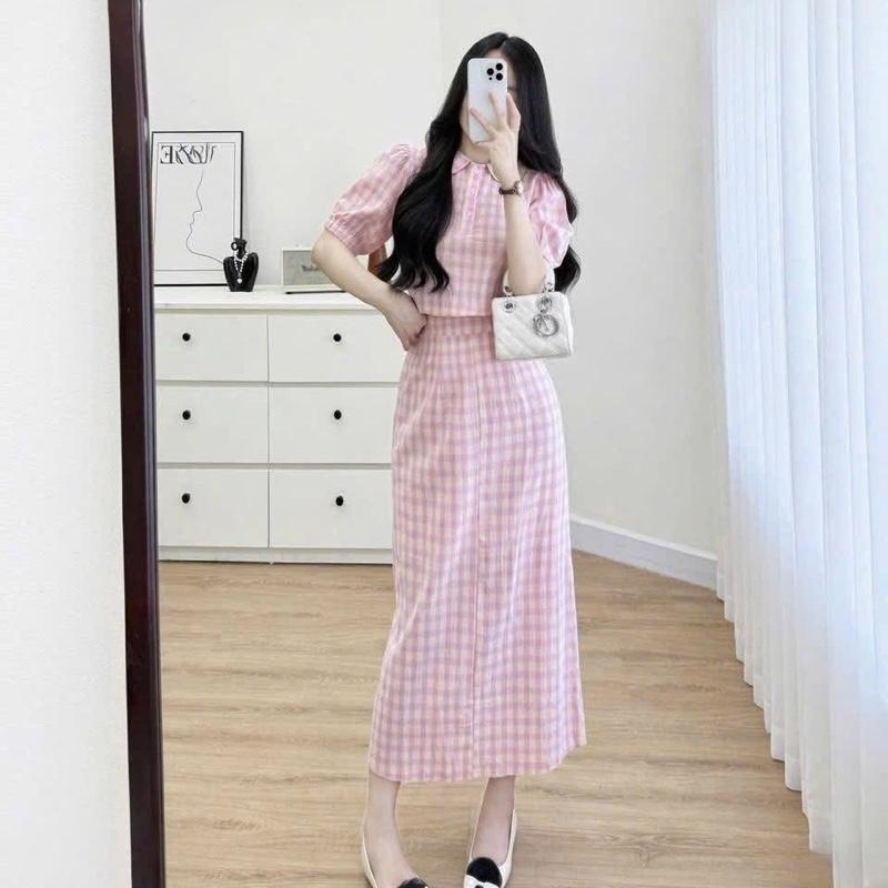 HT06. Sét váy kẻ 2 màu chân váy dài. Chất thô kẻ mềm, hàng đẹp mặc mát