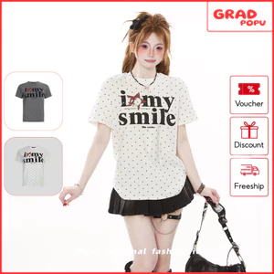 Áo thun nữ GRADPOPU họa tiết chấm bi, chữ tối giản, nữ tính, sành điệu, thời trang cho hè 2026 AN234