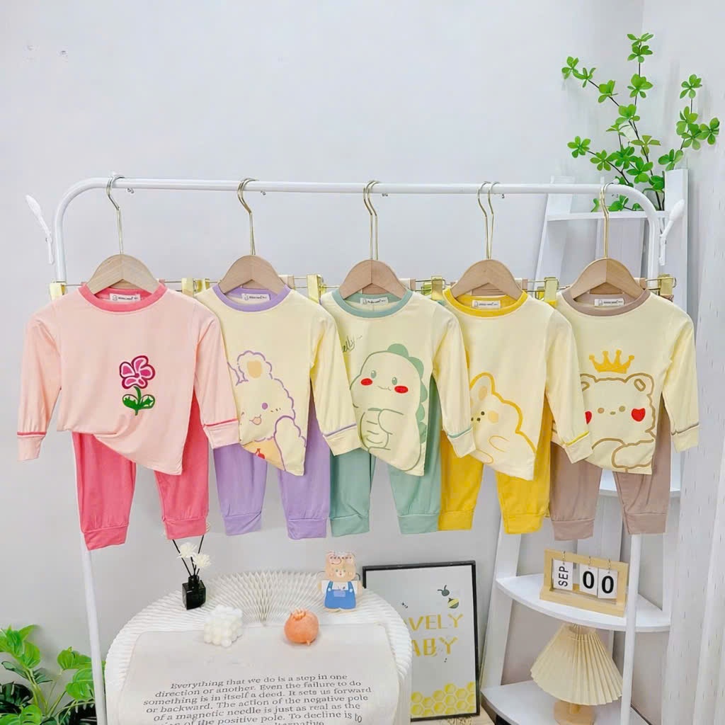 Combo 5 Bộ quần áo dài tay thun lạnh cho bé trai bé gái 6-17kg QN12