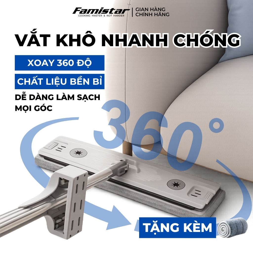 Cây lau nhà tự vắt khô 80% FAMISTAR, xoay 360 độ bản lau 45cm có đầu gạt nước tặng kèm 2 bông lau