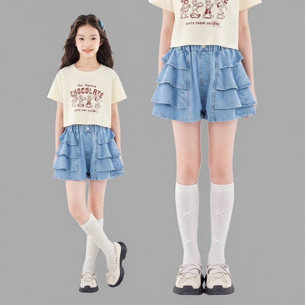 Quần sooc jeans váy 3 tầng cho bé size đại BEESHOP H26001