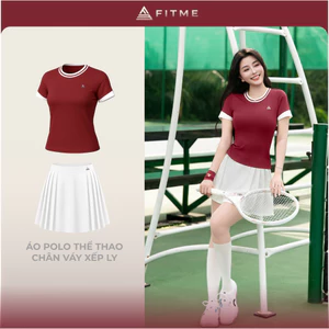 Bộ đồ Pickleball, cầu lông, tennis nữ Fitme GR áo thun thoáng khí Đỏ, chân váy xếp ly Trắng kèm quần bảo hộ