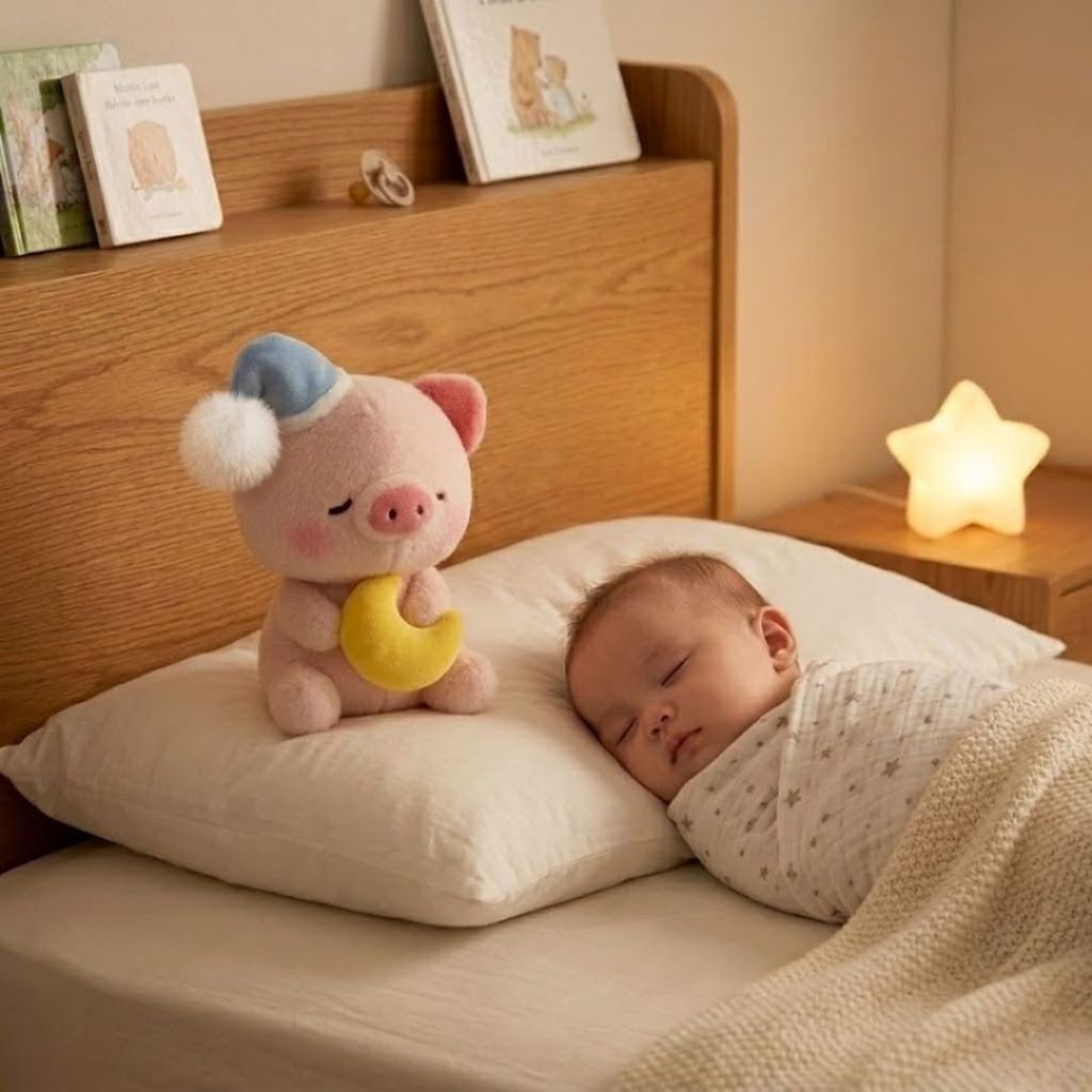 Gấu Bông Heo Ngủ Gật Đội Mũ Ôm Trăng Siêu Đáng Yêu, Thú Nhồi Bông Lợn Hồng Ôm Ngủ Mềm Mịn Làm Quà Tặng Bạn Gái, Bé Gái