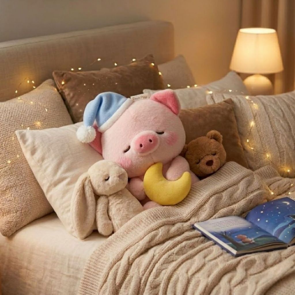 Gấu Bông Heo Ngủ Gật Đội Mũ Ôm Trăng Siêu Đáng Yêu, Thú Nhồi Bông Lợn Hồng Ôm Ngủ Mềm Mịn Làm Quà Tặng Bạn Gái, Bé Gái