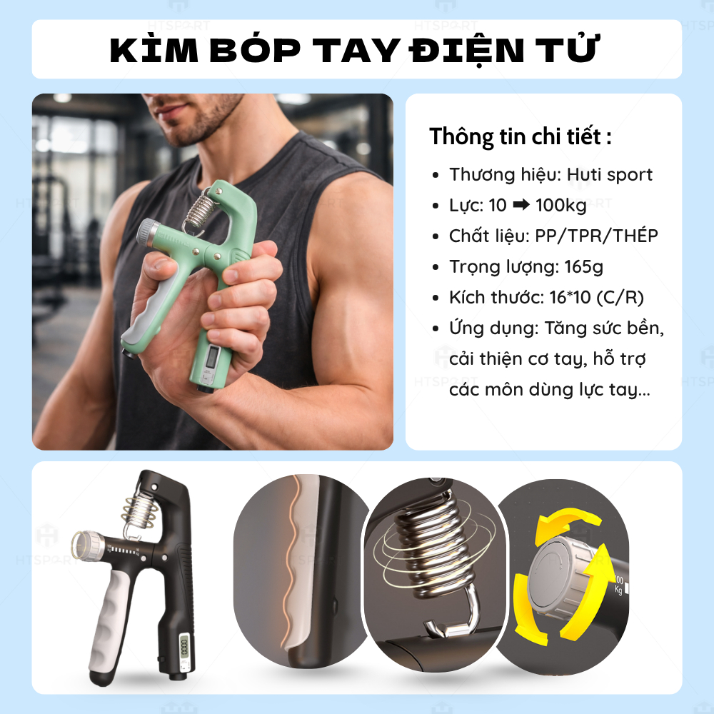 Kìm Bóp Tay Điện Tử Dụng Cụ Tập Cơ Tay Chữ R Tập Gym Tại Nhà Cường Độ 10-100KG, Có Bộ Đếm Số Tự Động