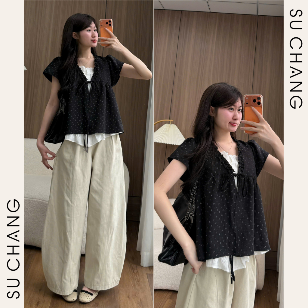 Áo Babydoll Viền Bèo Cộc Tay Hoa Nhí Nơ Ngực Phối Ren Boi Trắng A874 Su Chang Thời Trang Nữ