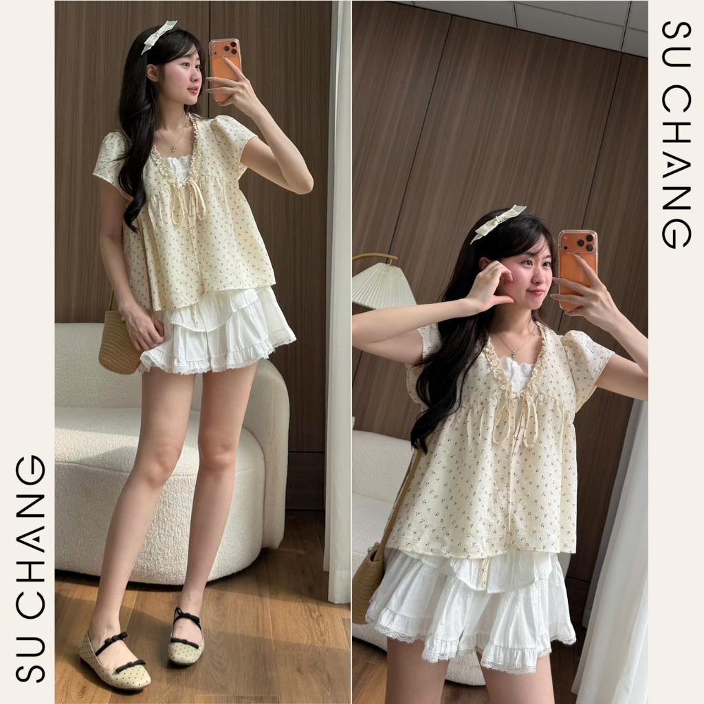 Áo Babydoll Viền Bèo Cộc Tay Hoa Nhí Nơ Ngực Phối Ren Boi Trắng A874 Su Chang Thời Trang Nữ