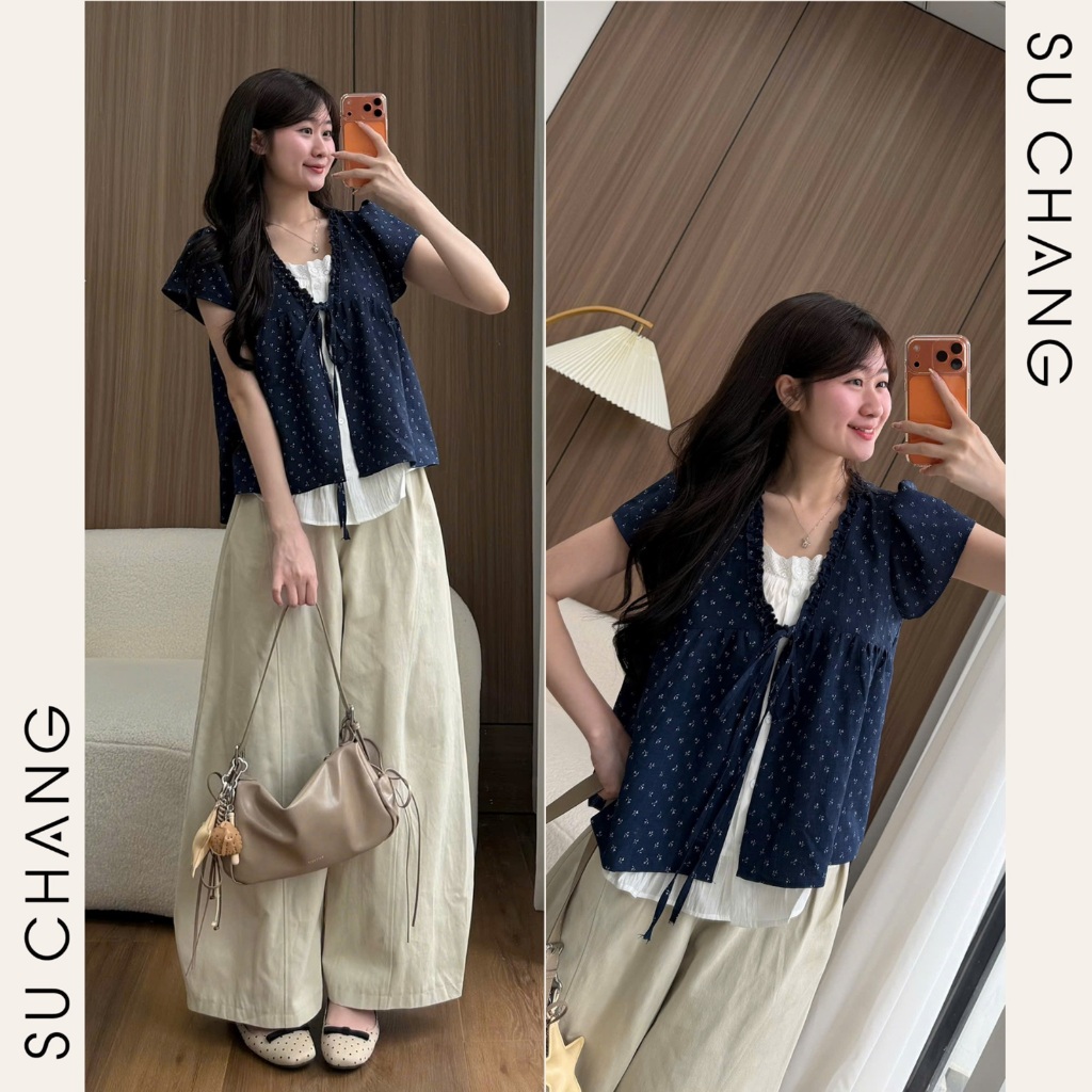 Áo Babydoll Viền Bèo Cộc Tay Hoa Nhí Nơ Ngực Phối Ren Boi Trắng A874 Su Chang Thời Trang Nữ