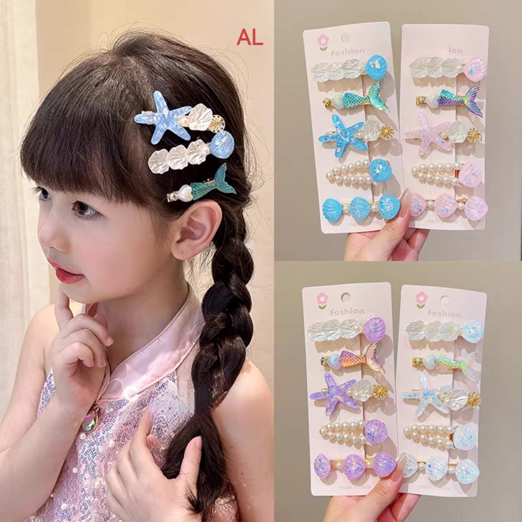 Set Vỉ 5 Kẹp Tóc Nàng Tiên Cá Ngọc Trai Kẹp Tóc, Kẹp Mái Vỏ Sò, Sao Biển Cho Nữ Đi Biển