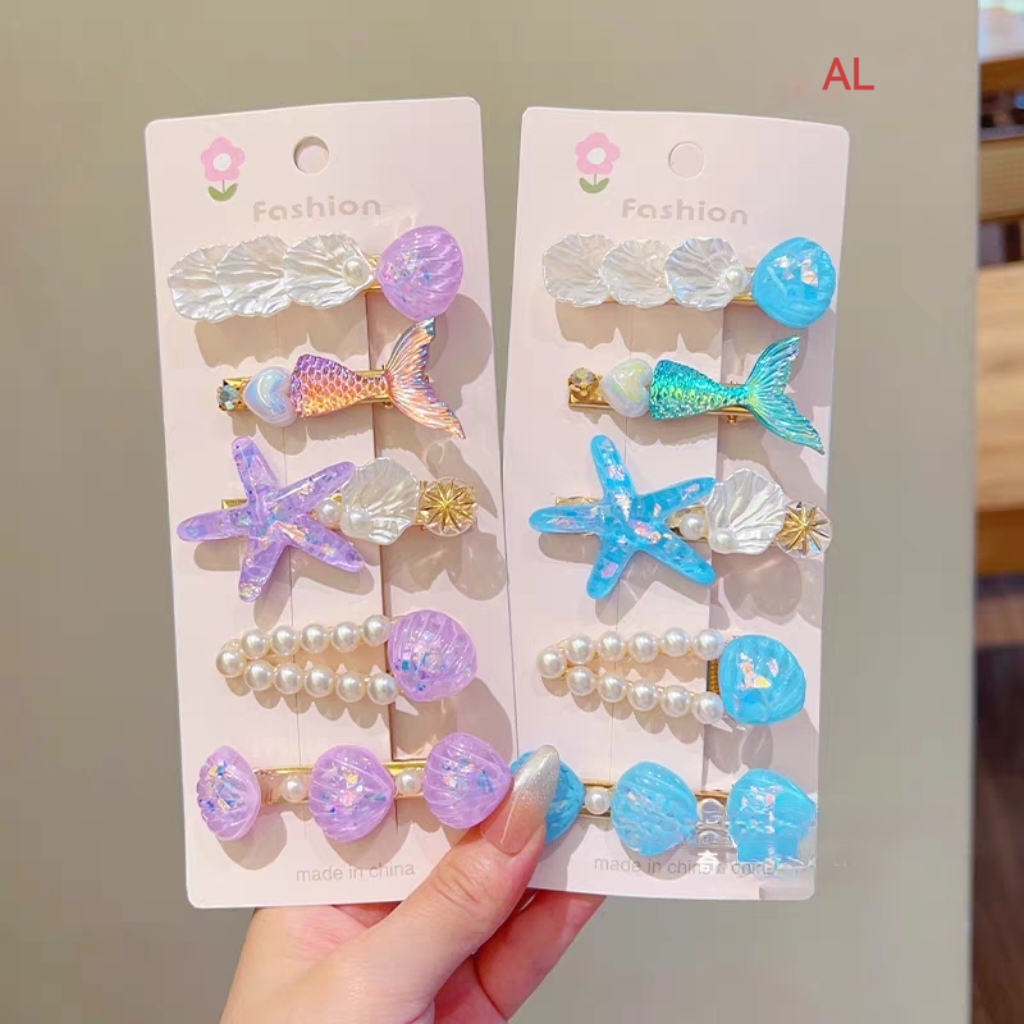 Set Vỉ 5 Kẹp Tóc Nàng Tiên Cá Ngọc Trai Kẹp Tóc, Kẹp Mái Vỏ Sò, Sao Biển Cho Nữ Đi Biển