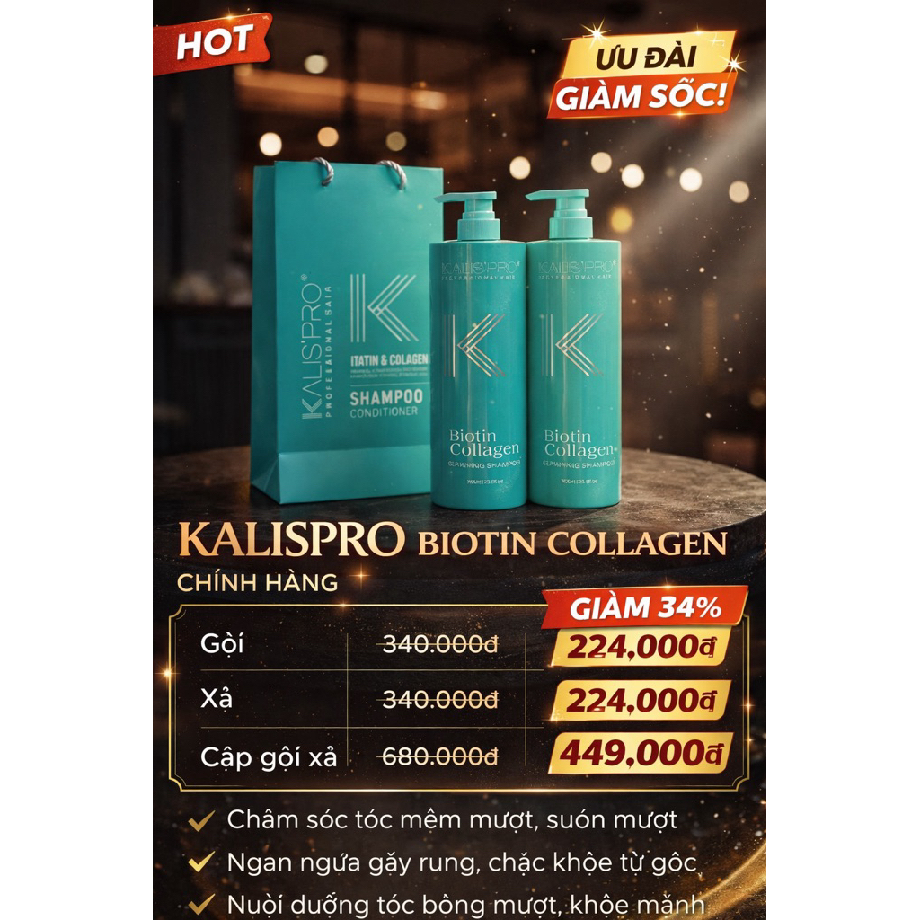 Bộ Gội Xả Kalispro Biotin Collagen 800ml Chính Hãng – Phục Hồi Tóc Hư Tổn, Mềm Mượt, Giảm Gãy Rụng