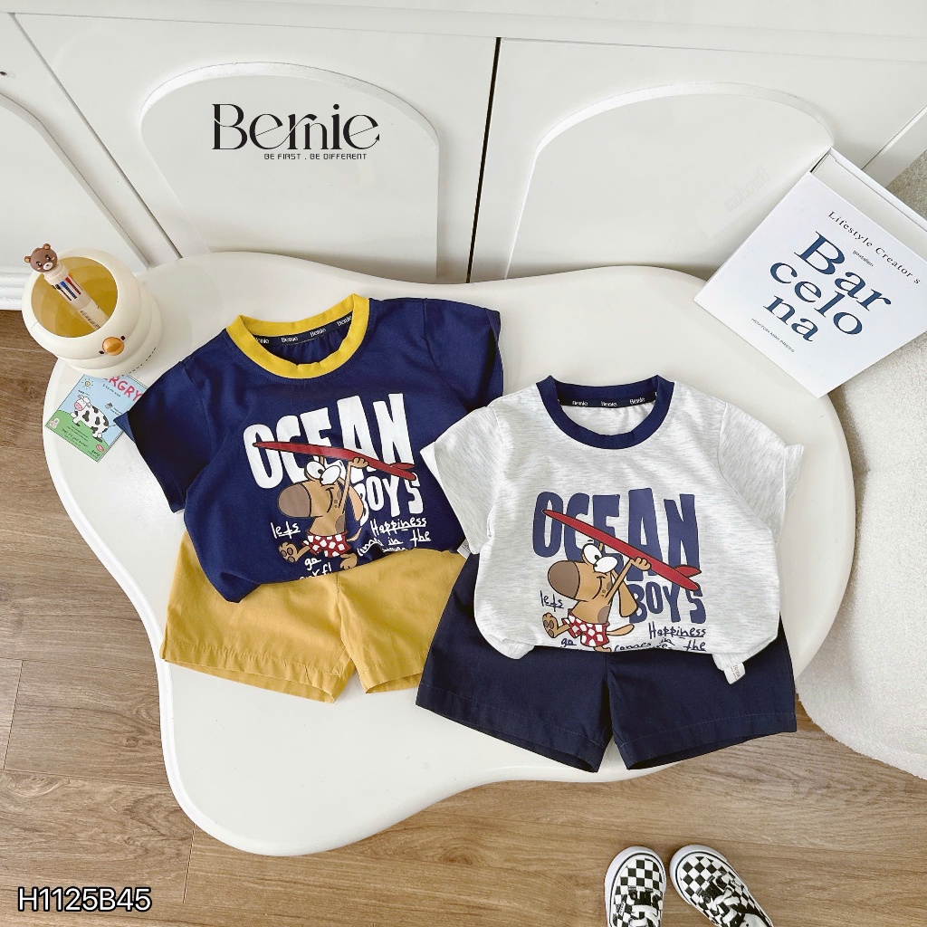 Bộ cotton hoạ tiết ocean áo thun quần kaki bé trai, set bộ cotton cổ tròn mềm mát bé trai