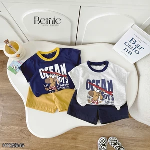 Bộ cotton hoạ tiết ocean áo thun quần kaki bé trai, set bộ cotton cổ tròn mềm mát bé trai