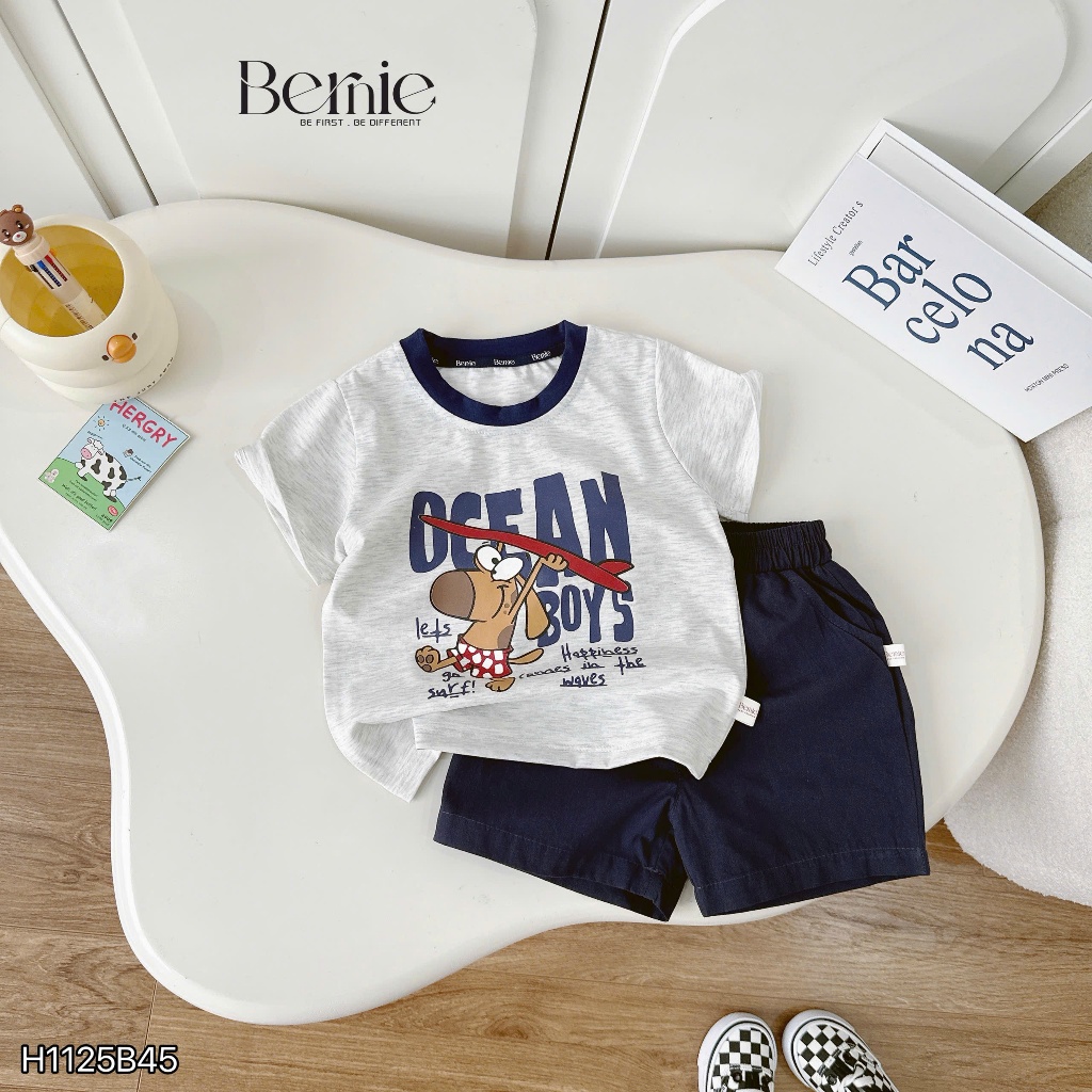 Bộ cotton hoạ tiết ocean áo thun quần kaki bé trai, set bộ cotton cổ tròn mềm mát bé trai