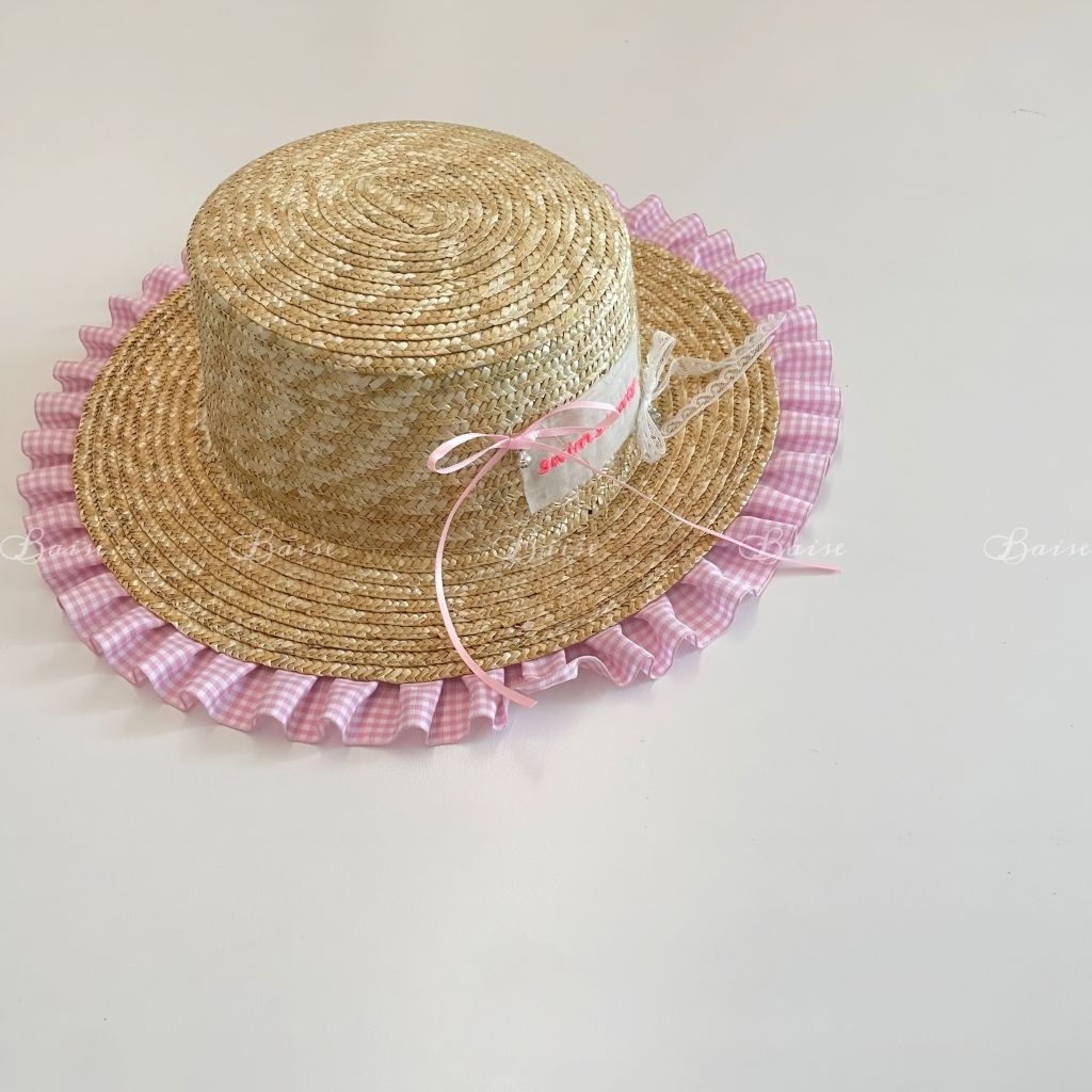 [3-6 Tuổi] Mũ Cói Bé Gái Viền Bèo Gingham Hàn Quốc Mũ Đi Biển Vintage Dễ Thương, Mũ Cói Nơ Chống Năng Chụp Ảnh Xinh
