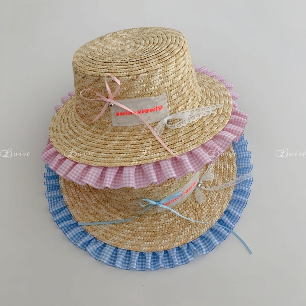 [3-6 Tuổi] Mũ Cói Bé Gái Viền Bèo Gingham Hàn Quốc Mũ Đi Biển Vintage Dễ Thương, Mũ Cói Nơ Chống Năng Chụp Ảnh Xinh