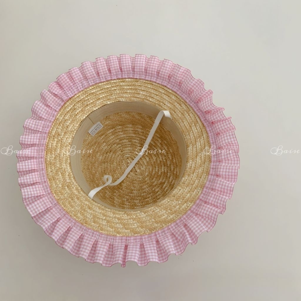 [3-6 Tuổi] Mũ Cói Bé Gái Viền Bèo Gingham Hàn Quốc Mũ Đi Biển Vintage Dễ Thương, Mũ Cói Nơ Chống Năng Chụp Ảnh Xinh