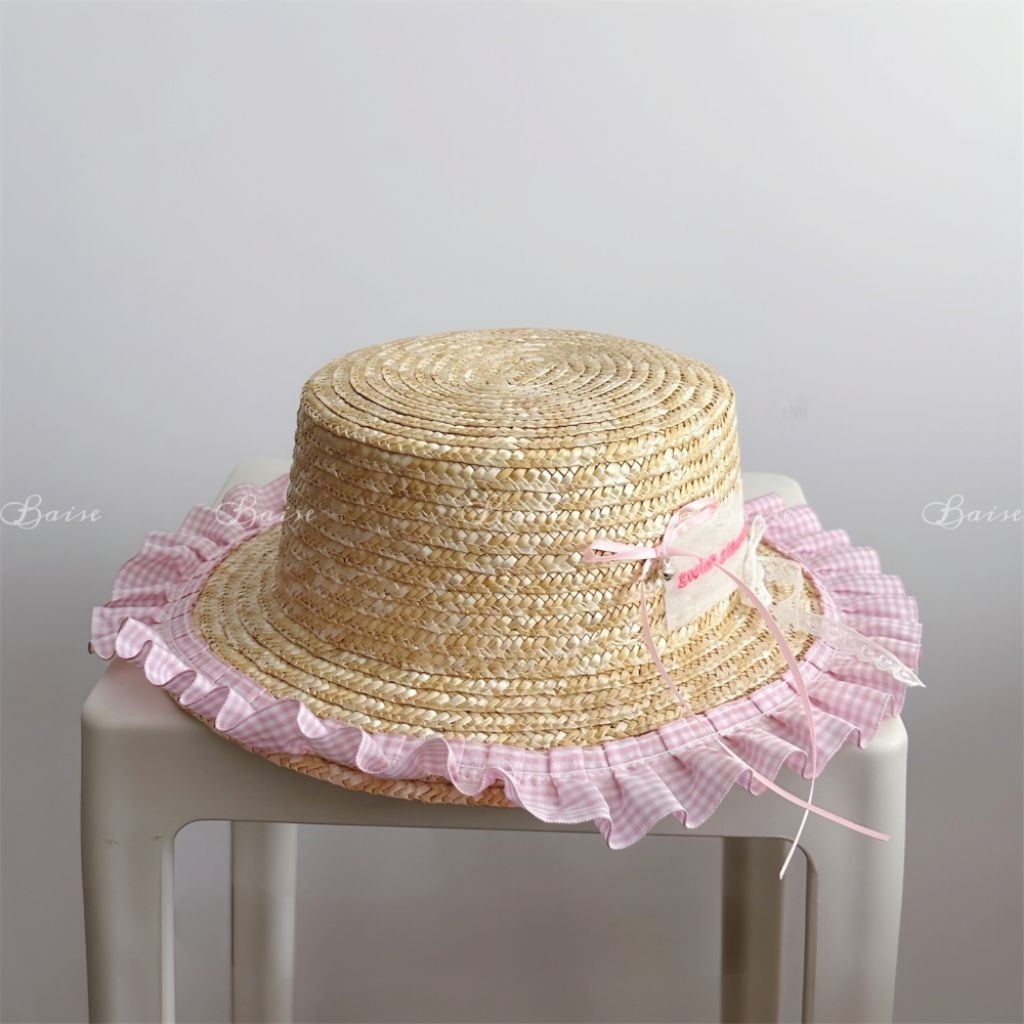 [3-6 Tuổi] Mũ Cói Bé Gái Viền Bèo Gingham Hàn Quốc Mũ Đi Biển Vintage Dễ Thương, Mũ Cói Nơ Chống Năng Chụp Ảnh Xinh