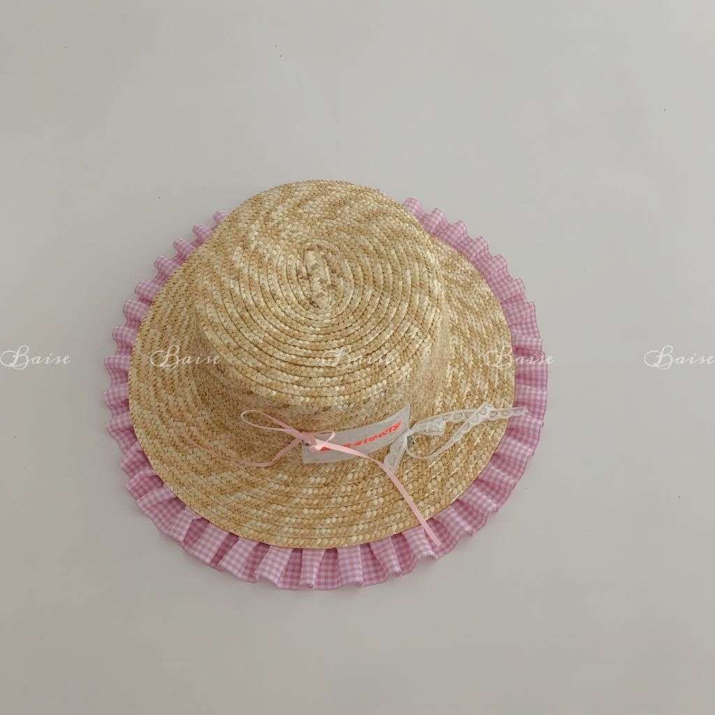 [3-6 Tuổi] Mũ Cói Bé Gái Viền Bèo Gingham Hàn Quốc Mũ Đi Biển Vintage Dễ Thương, Mũ Cói Nơ Chống Năng Chụp Ảnh Xinh