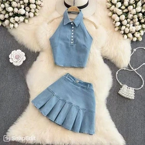 Set đồ bé gái áo croptop kèm chân váy xếp ly jeans dáng ngắn phong cách Hàn Quốc thời trang mùa hè mẹ và bé diện du lịch