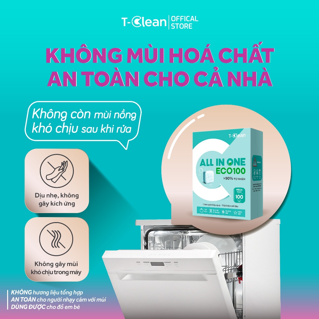 Viên Rửa Bát All in one T-Clean, Sạch sâu, Không mùi nồng, Tp tự nhiên,Hộp 100v cho máy >10b