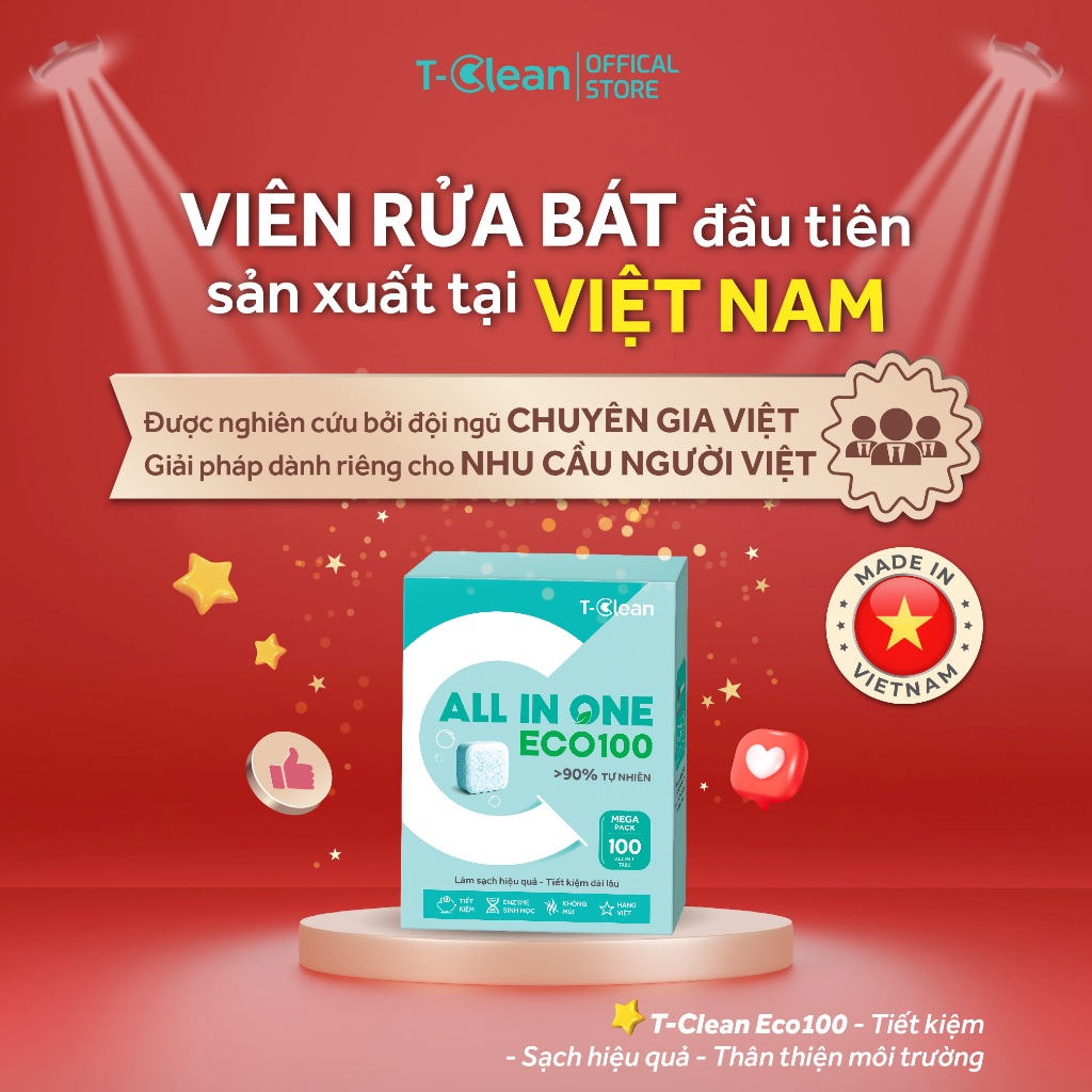 Viên Rửa Bát All in one T-Clean, Sạch sâu, Không mùi nồng, Tp tự nhiên,Hộp 100v cho máy >10b