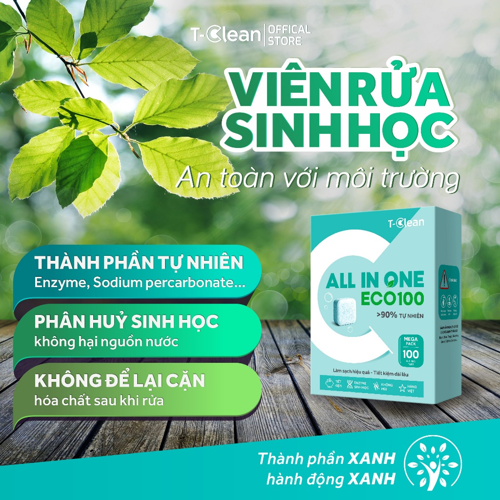 Viên Rửa Bát All in one T-Clean, Sạch sâu, Không mùi nồng, Tp tự nhiên,Hộp 100v cho máy >10b