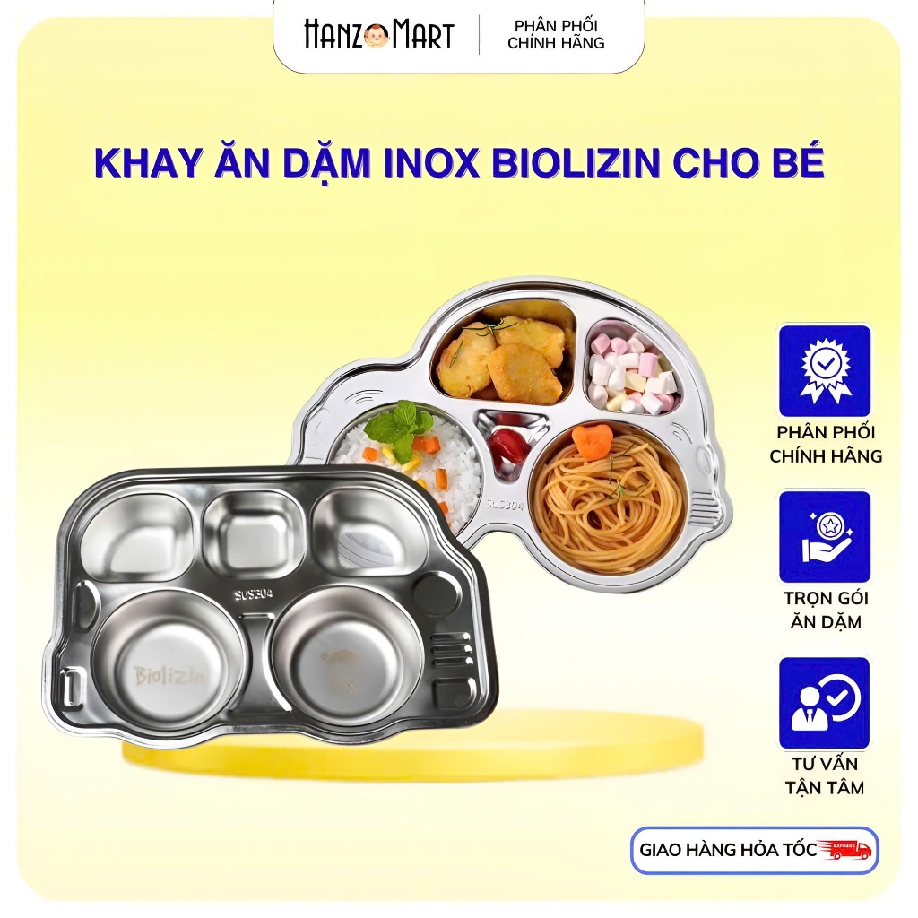 Khay cơm khay ăn dặm inox 304 ăn dặm cho bé nhiều cỡ (Biolizin không kèm đũa thìa)