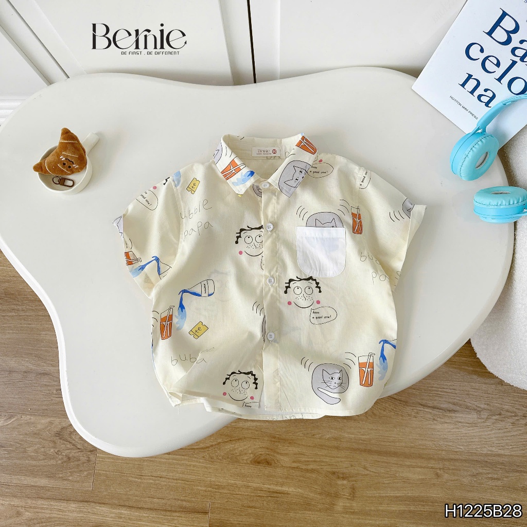 Bộ sơ mi hoạ tiết Bubble papa cá tính cho bé, set sơ mi cộc áo thô phối quần kaki bé trai