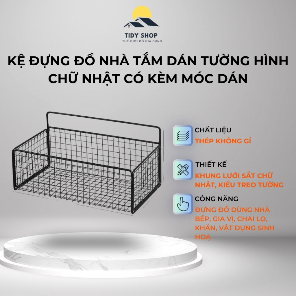 Kệ Đựng Đồ Nhà Tắm Dán Tường Hình Chữ Nhật, TIDY SHOP, Kệ Thép Sơn Tĩnh Điện Cao Cấp Không Rỉ Siêu Chắc