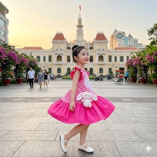💯💯Hè 2026💯💯 Đầm Baby three Hồng sen dáng xoè, tay tiên siêu đẹp cho bé gái 13-45kg
