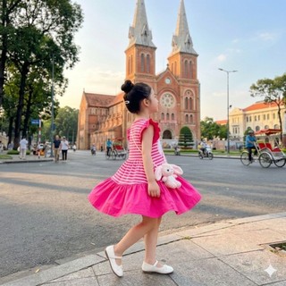 💯💯Hè 2026💯💯 Đầm Baby three Hồng sen dáng xoè, tay tiên siêu đẹp cho bé gái 13-45kg