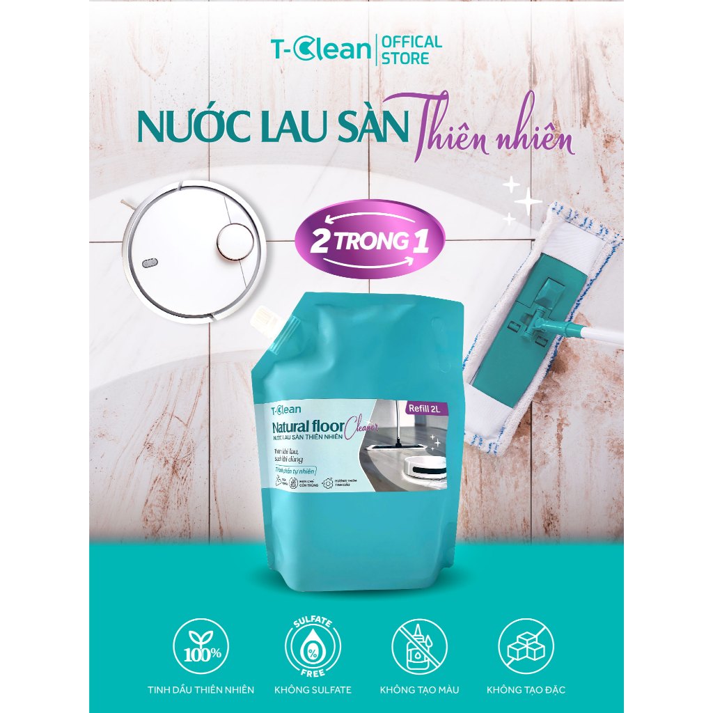 NƯỚC LAU SÀN NHÀ T-CLEAN 2L, Dùng cho robot & cây lau, Làm sạch hiệu quả, Không mùi hoá chất