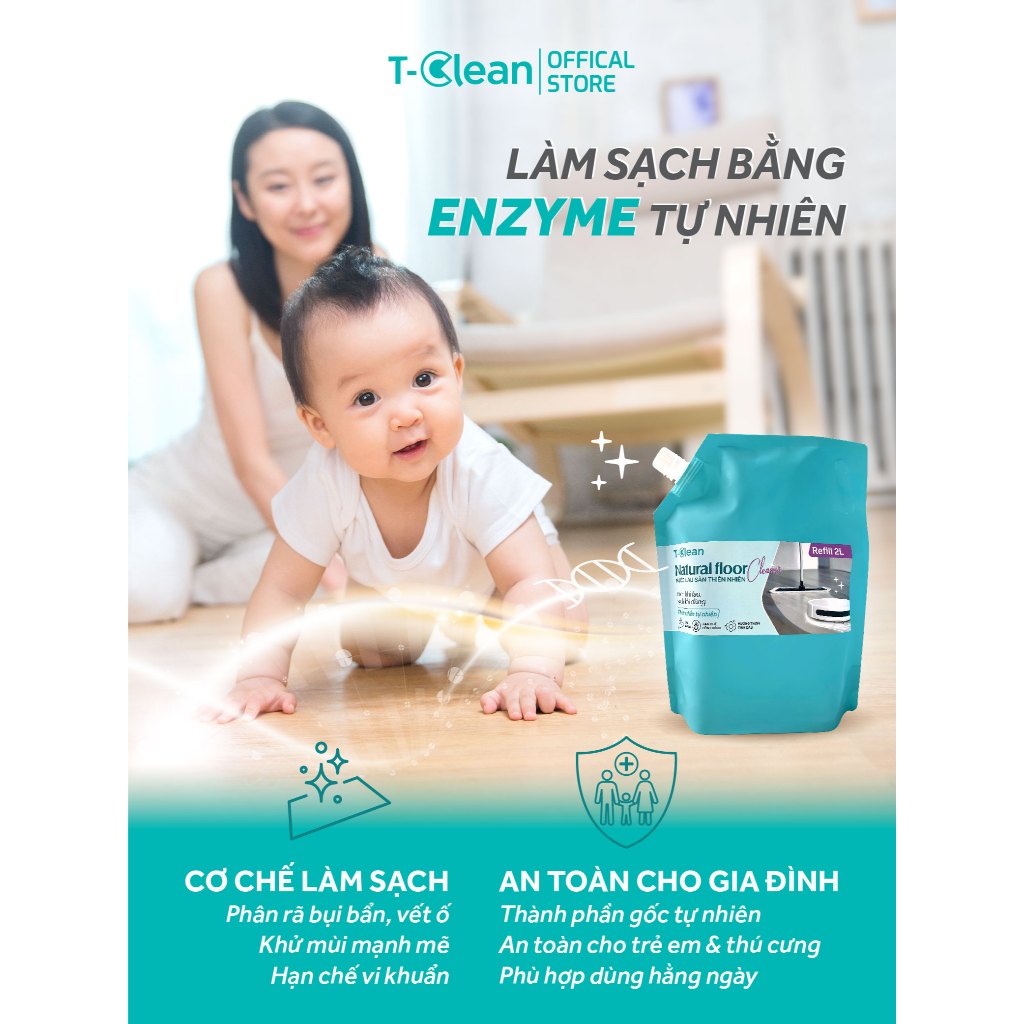 NƯỚC LAU SÀN NHÀ T-CLEAN 2L, Dùng cho robot & cây lau, Làm sạch hiệu quả, Không mùi hoá chất