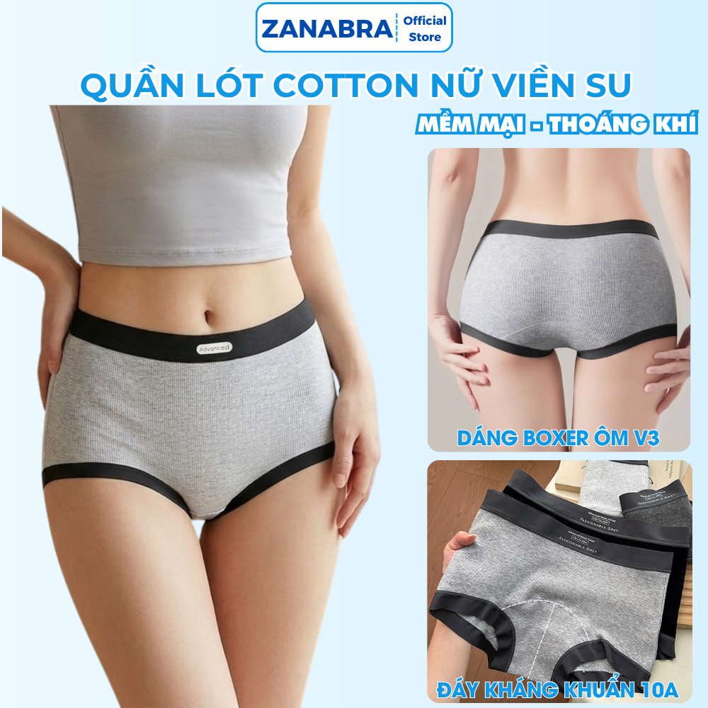 Quần lót nữ cotton phối viền su mềm mại, Quần chip nữ dáng boxer form ôm không lộ đáy kháng khuẩn 10A ZANABRA L5284