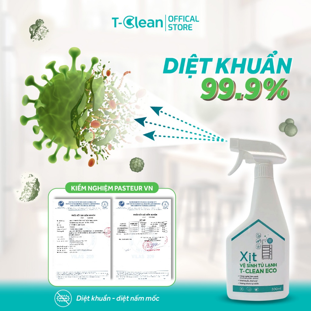 Xịt Vệ Sinh Tủ Lạnh T-Clean, TP Tự nhiên, Làm sạch, Khử mùi, Khử khuẩn 99%, Lau bàn ăn