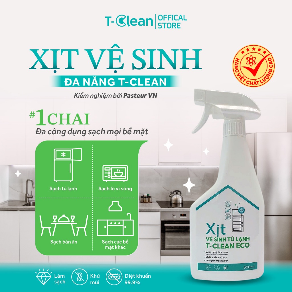 Xịt Vệ Sinh Tủ Lạnh T-Clean, TP Tự nhiên, Làm sạch, Khử mùi, Khử khuẩn 99%, Lau bàn ăn