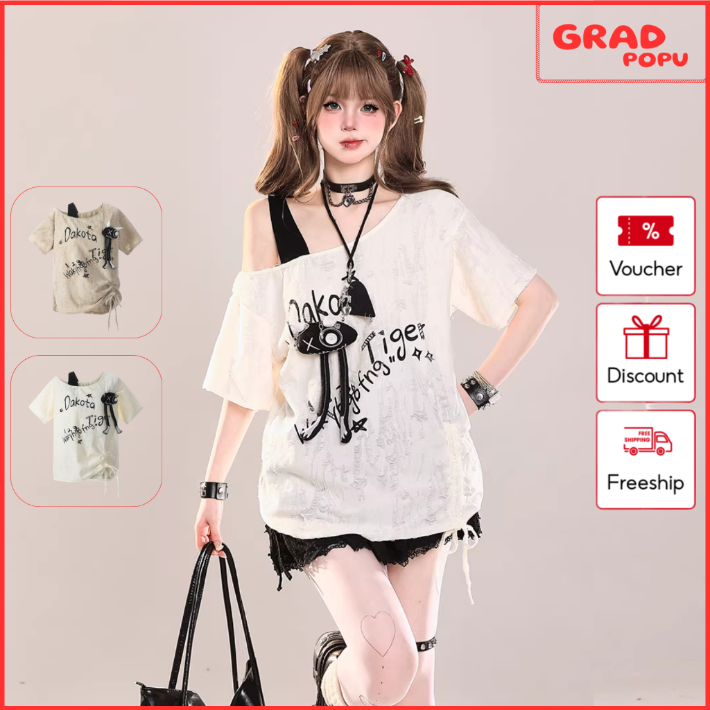 Áo phông nữ GRADPOPU ngắn tay chất cotton hở vai có dây rút rách cổ nghiêng sành điệu mùa hè AN262