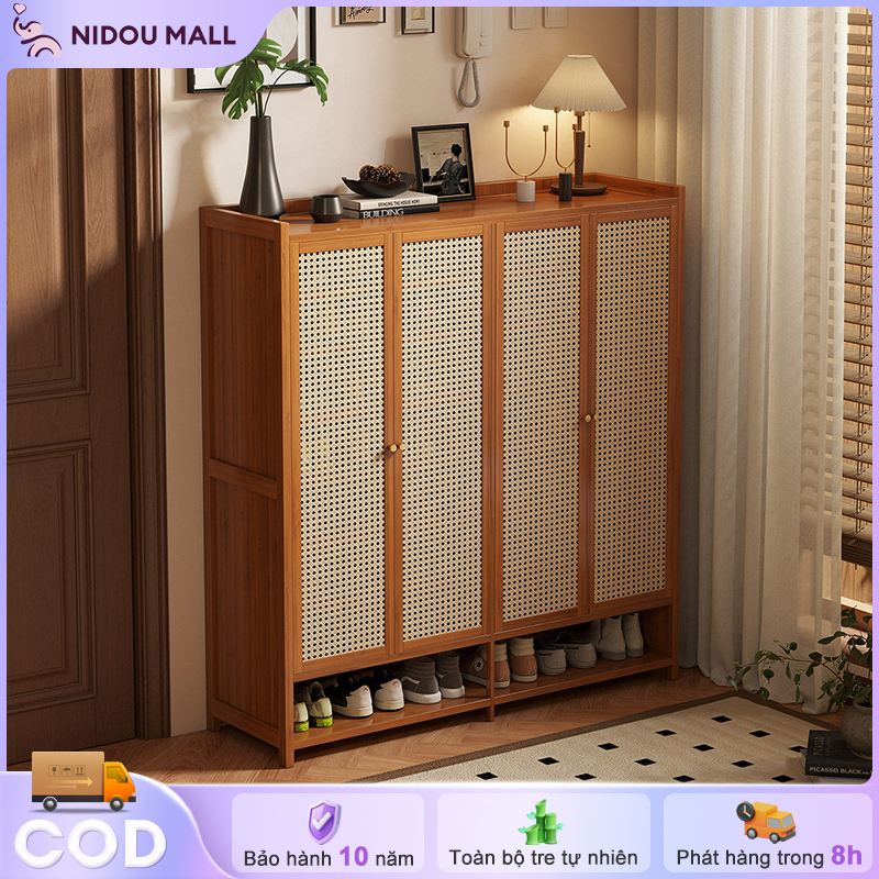 Tủ Giày Mây Đan Việt Nam Khung Gỗ Tự Nhiên Nhiều Tầng Đựng Đầy Đủ Giày Dép Cho Gia Đình