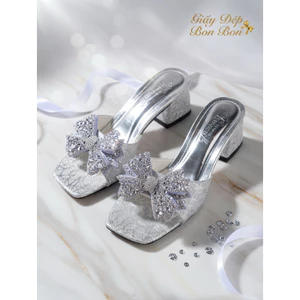 Dép lê bản gắn nơ đính đá chất da kim tuyến mềm gót 5 -7cm mã B10