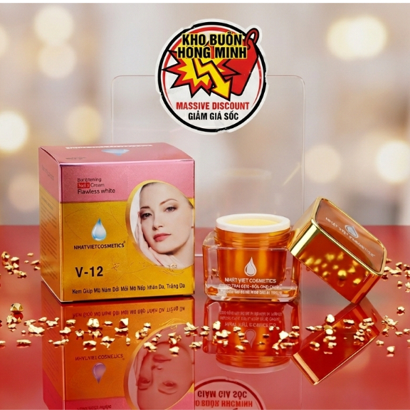 Kem Nhật Việt V12 (Vàng Hồng) Ngọc Trai Đen Sữa Ong Chúa Giúp Giảm Nám Tàn Nhang 13g