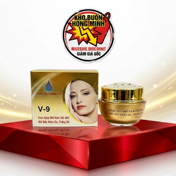 Kem Nhật Việt V9 (Vàng Xám) Ngọc Trai Đen Sữa Ong Chúa Giúp Giảm Nám Tàn Nhang 10g