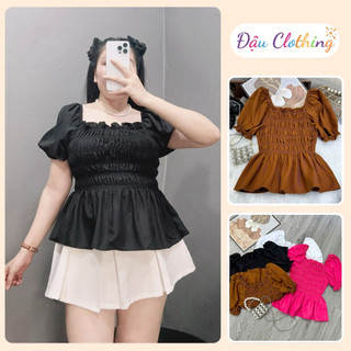 Áo Kiểu Nữ Có Bigsize Tay Phồng Nhún Bèo Vạt Xòe Dễ Thương Thân Nhún Chun Co Giãn Vải Lụa Chéo SM33