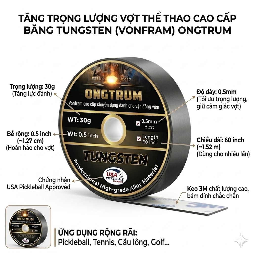 [Độc Quyền] TUNGSTEN TRẮNG Vonfram Cuộn Băng Dán căn chỉnh trọng lượng vợt PICKLEBALL, TENIS, GOLF 🏆