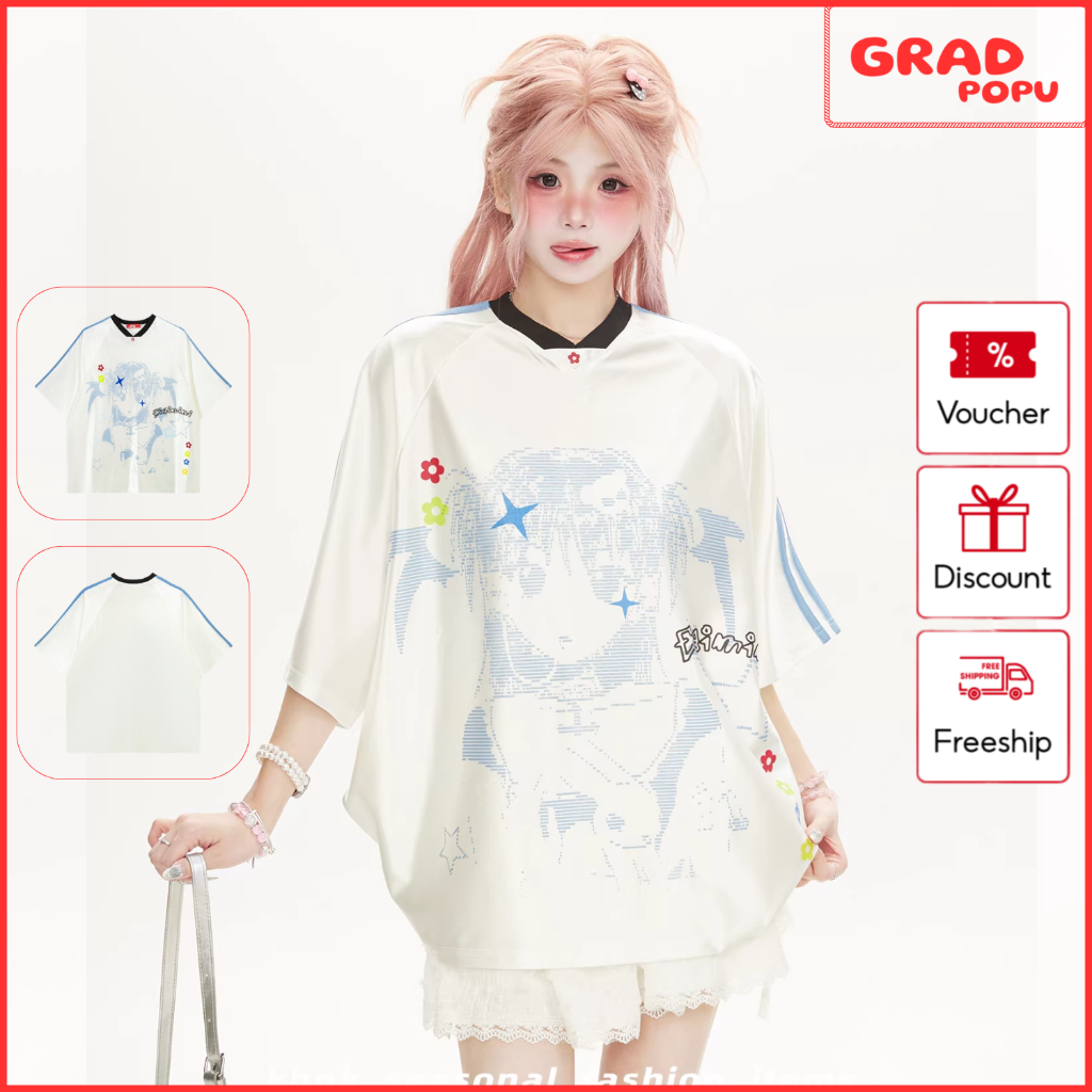 Áo thun nữ GRADPOPU tay ngắn phối màu phong cách Anime Retro Mỹ, dáng rộng thoải mái PAT198