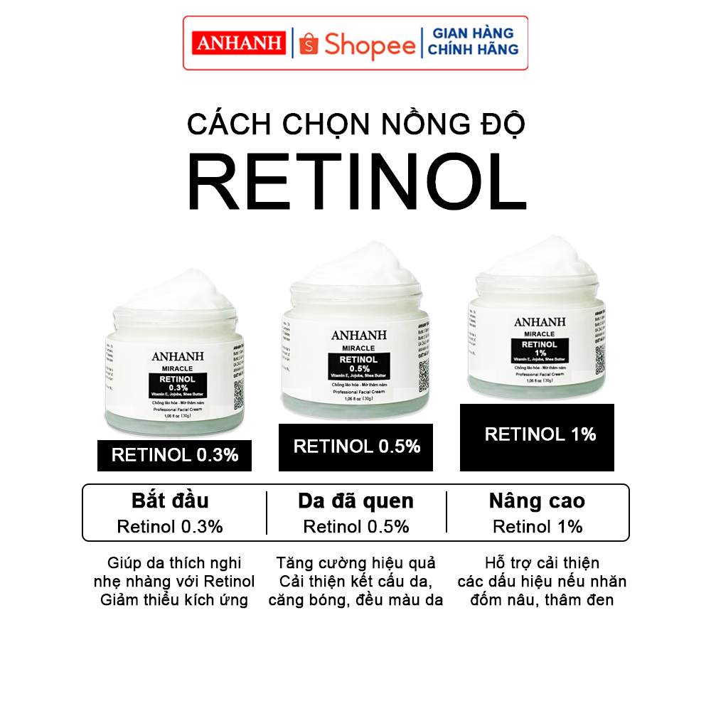 Kem Retinol 0.3% - 0.5% - 1% chống lão hóa, tái tạo da, mờ sạm nám, sáng da mờ thâm ANHANH