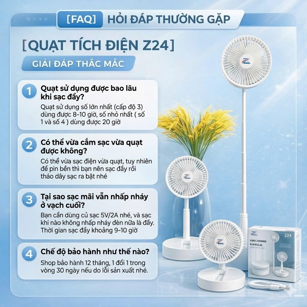 Quạt Tích Điện Pin Trâu Cỡ Lớn, Quạt Sạc Điện Gấp Gọn ZLife Thông Minh Sạc Pin Kéo Dài 1m Pin 15.000